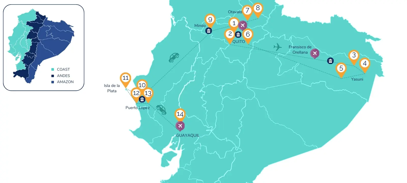 14-Day Andes, Amazon & Coast Adventure Map