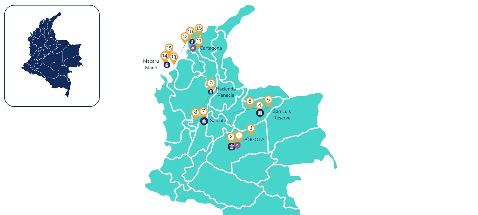 16-Day Colombia Family Tour Map