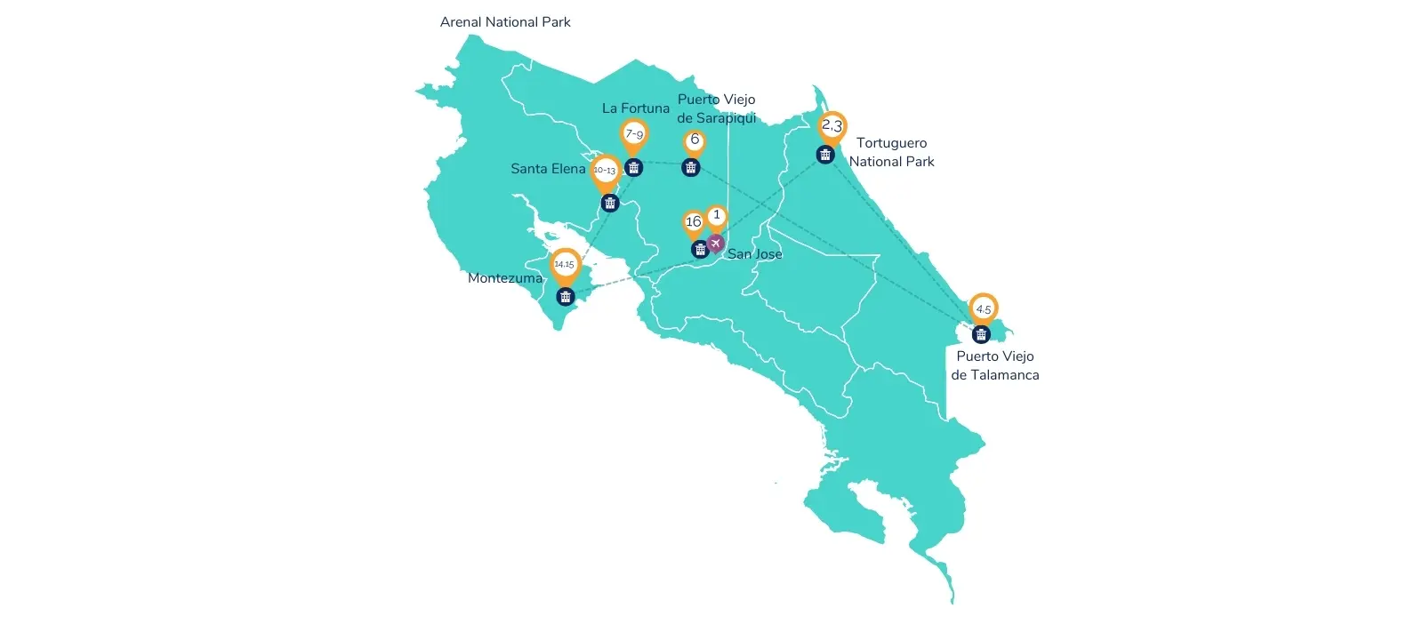 16-Day Costa Rica Family Tour Map