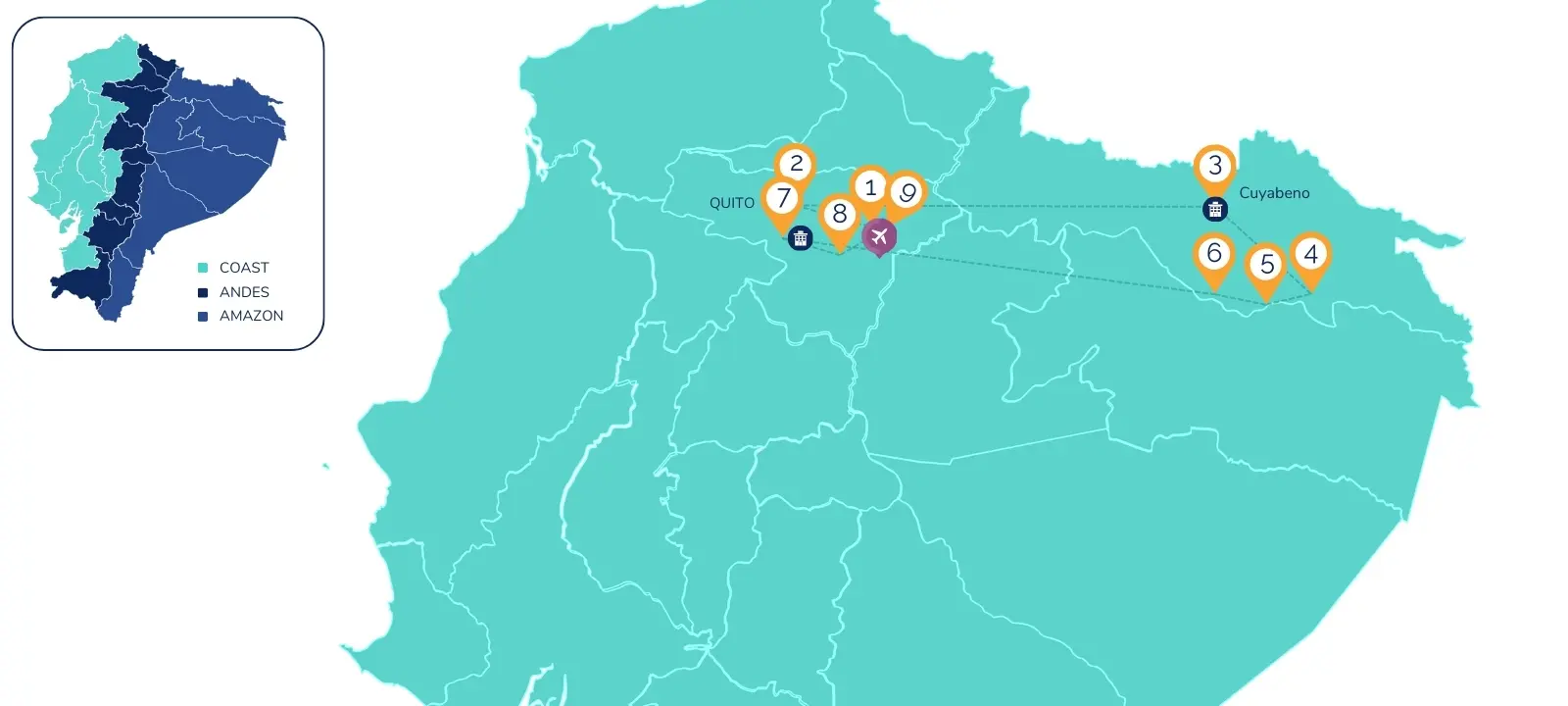 9-Day Colonial Quito & Amazon Cuyabeno Map