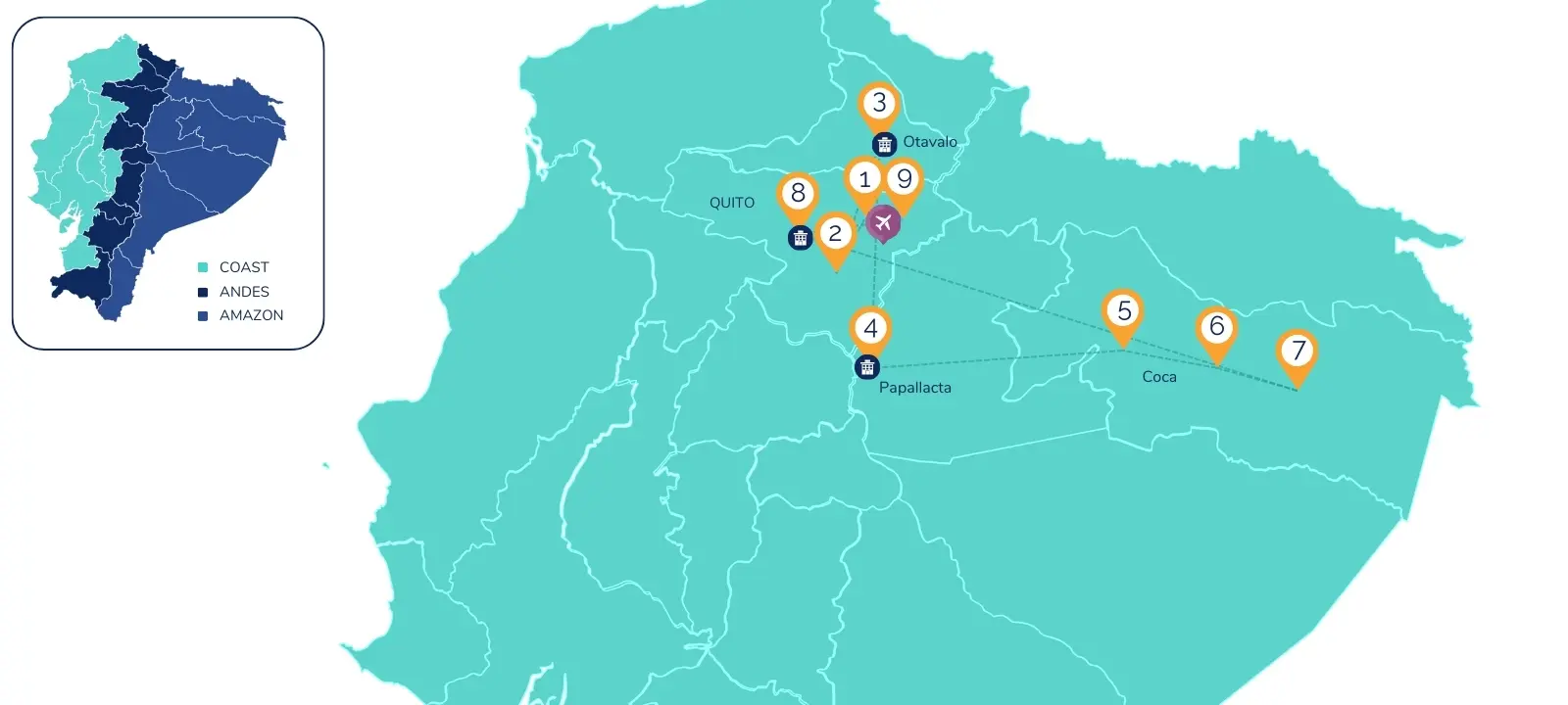 9-Day Ecuador Amazon Female Travel Map